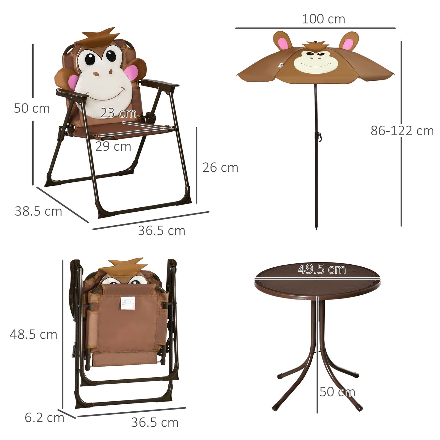 Kids Bistro Table and Chair Set, Outdoor Folding Garden Furniture w/Monkey Design, Removable, Adjustable Sun Umbrella