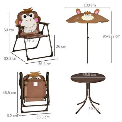 Kids Bistro Table and Chair Set, Outdoor Folding Garden Furniture w/Monkey Design, Removable, Adjustable Sun Umbrella