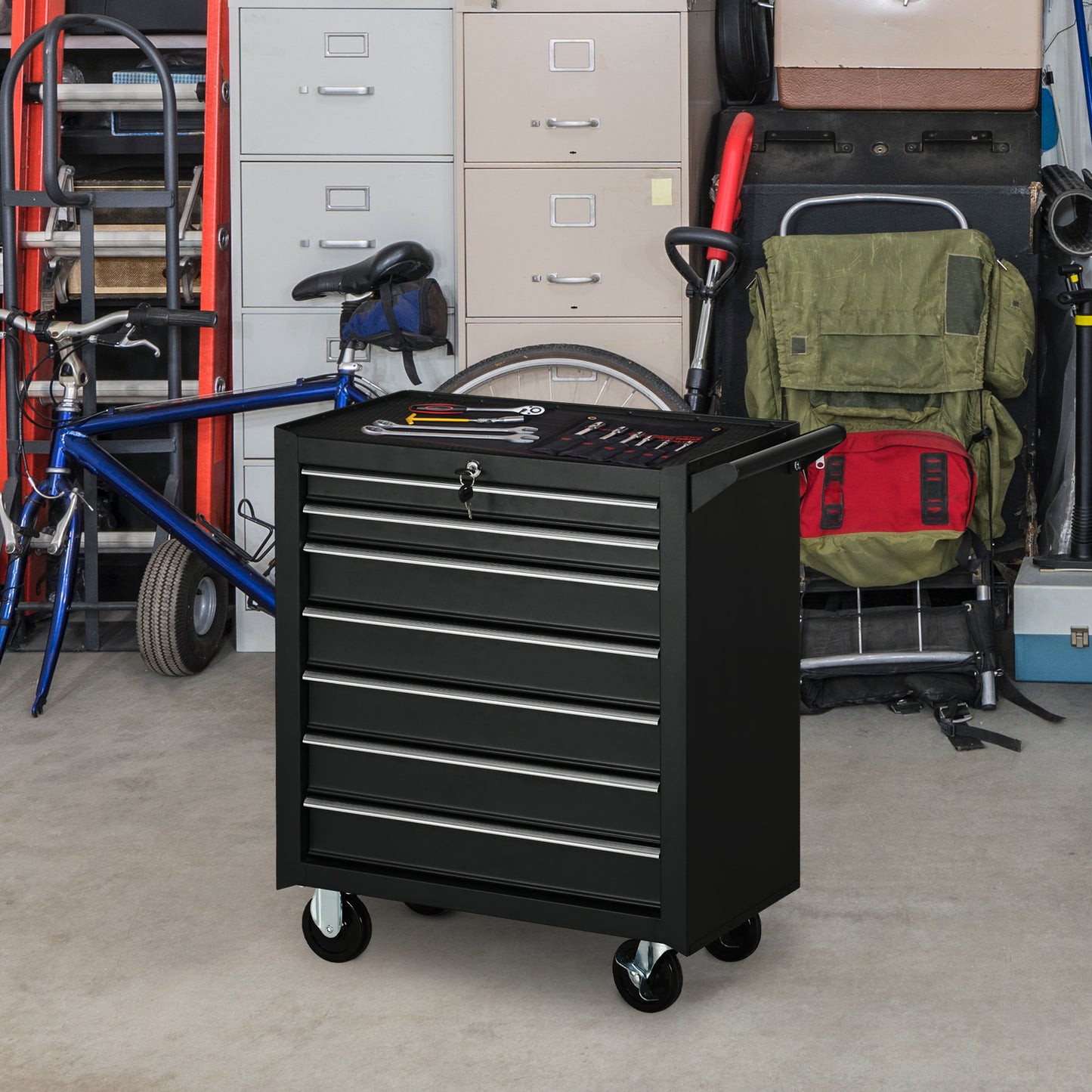 7-Drawer Tool Box on Wheels, Lockable Tool Cabinet with EVA Pat & Ball Bearing, Matte Black