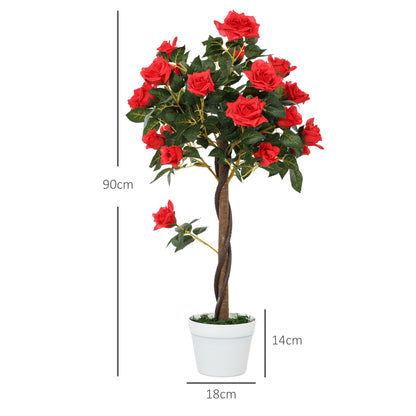 Set of 2 Artificial Plants White Rose Floral in Pot, Fake Plants for Home Indoor Decor, 90cm, Red