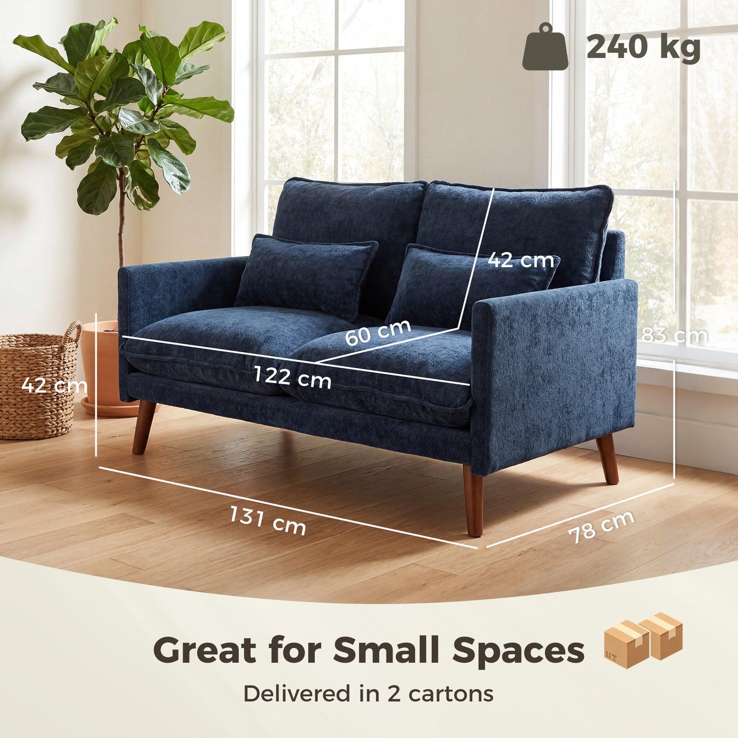 2 Seater Sofa, Loveseat Sofa with Spring Cushions, Wide and Deep Seat, Wood Legs, Blue