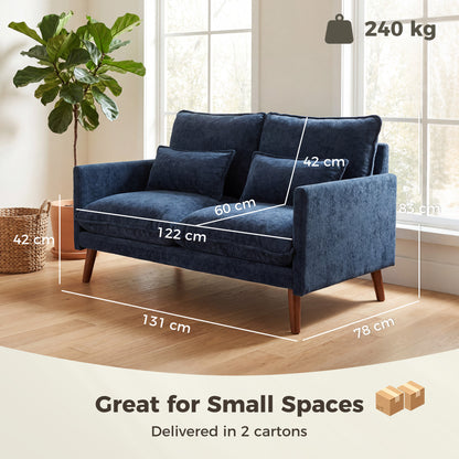 2 Seater Sofa, Loveseat Sofa with Spring Cushions, Wide and Deep Seat, Wood Legs, Blue