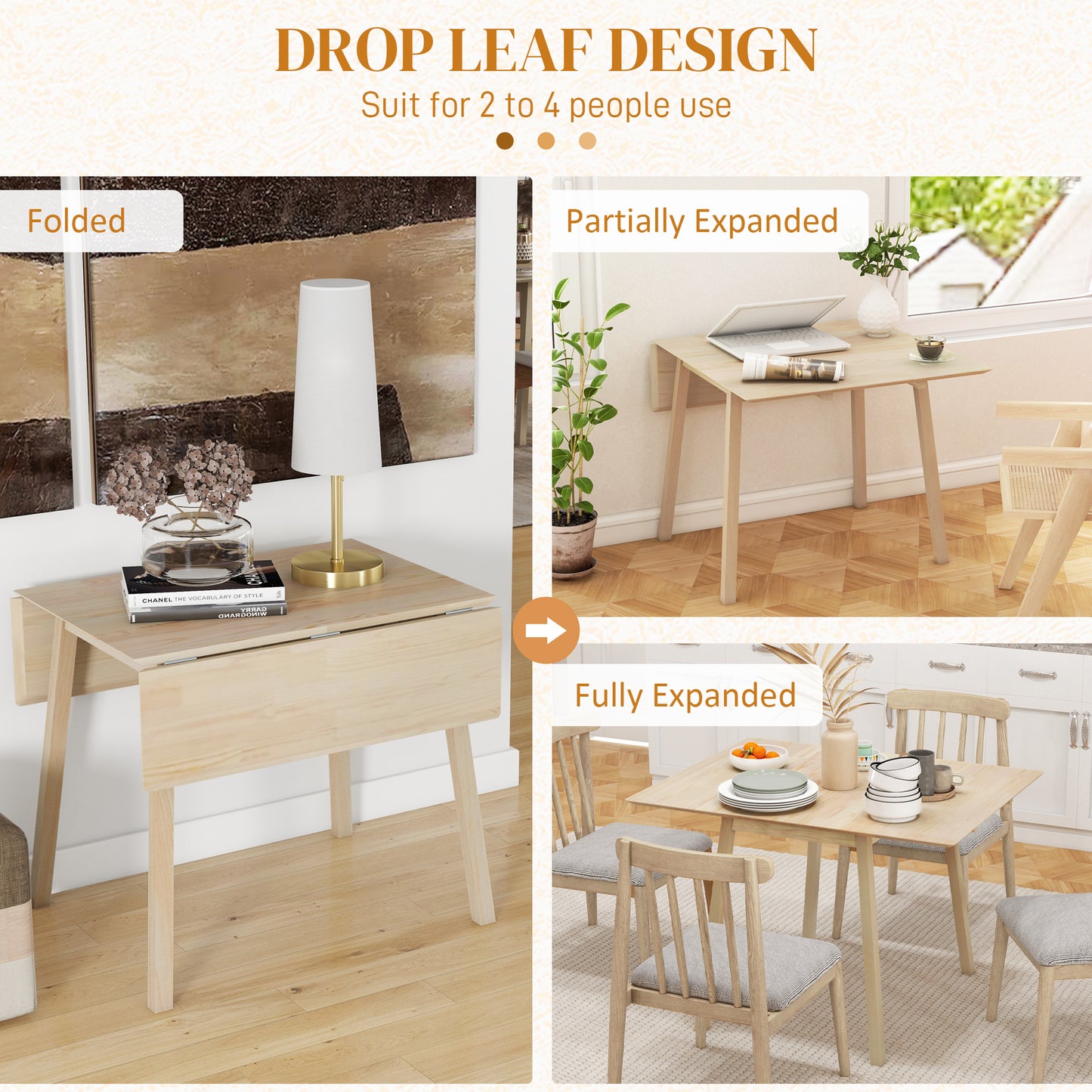Solid Wood Folding Dining Table, Drop Leaf Table for 2-4 People, Natural Wood Finish