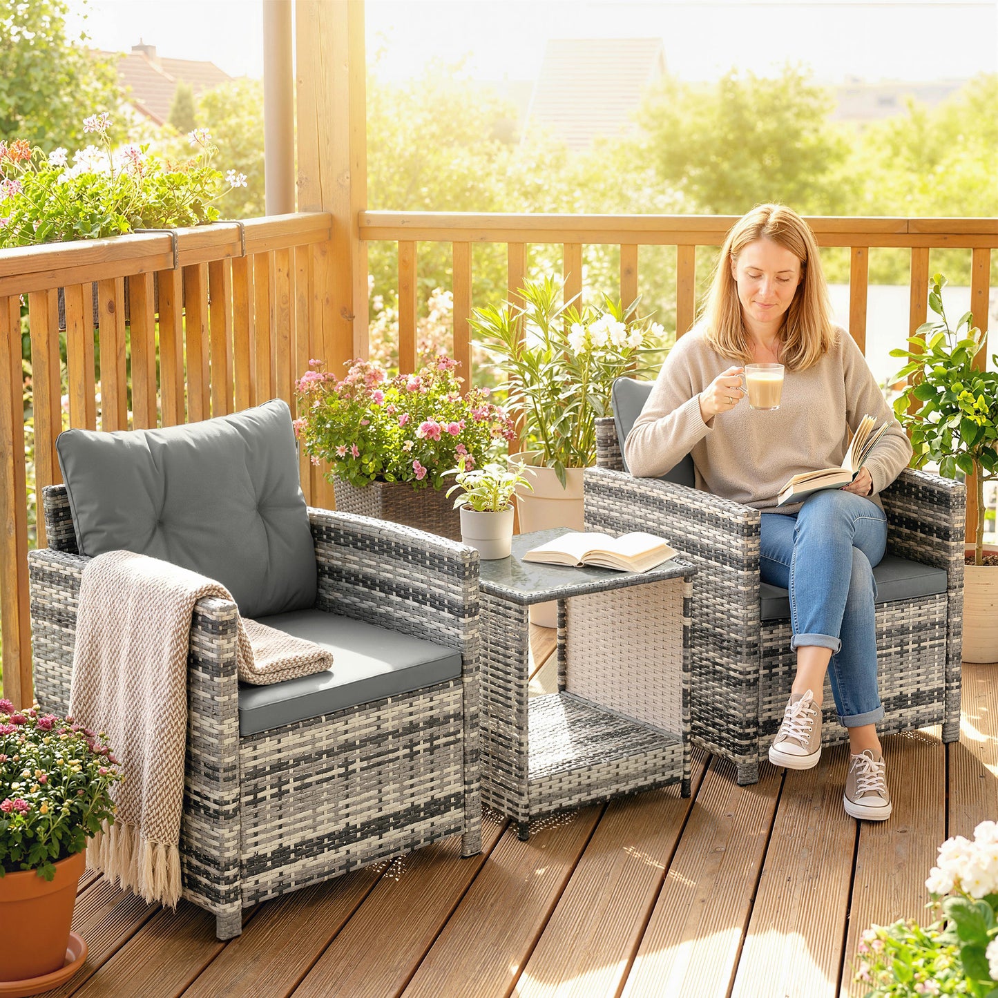 Rattan Bistro Set, 3 Piece Garden Furniture Set with 2 Tier Glass Top Table and Cushions, Mixed Grey
