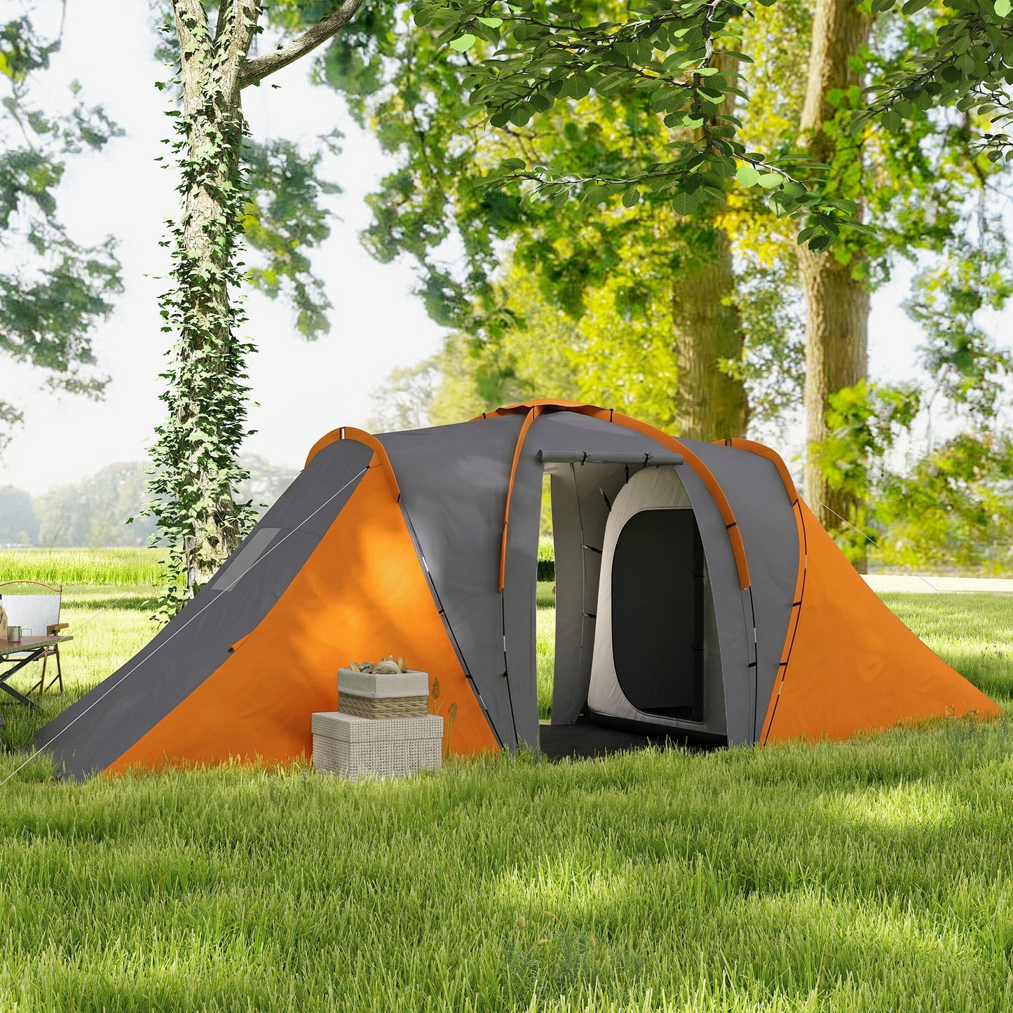 Large Camping Tent Tunnel Tent with 2 Bedroom and Living Area, 2000mm Waterproof, Portable with Bag for 4 Man, Orange