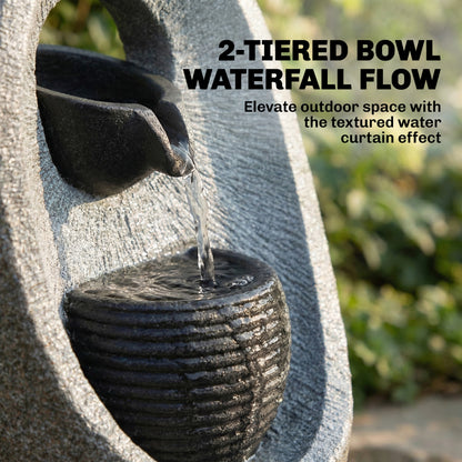 Water Feature with 2-Tier Bowls, Garden Water Fountain with Pump and LED Lights, Resin Cascading Waterfall