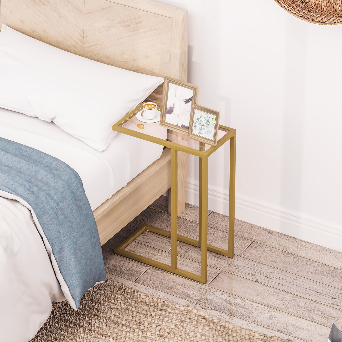 C-Shaped Side Table, Modern Slim End Table with Tempered Glass Tabletop, Steel Frame for Small Space, Living Room, Bedroom