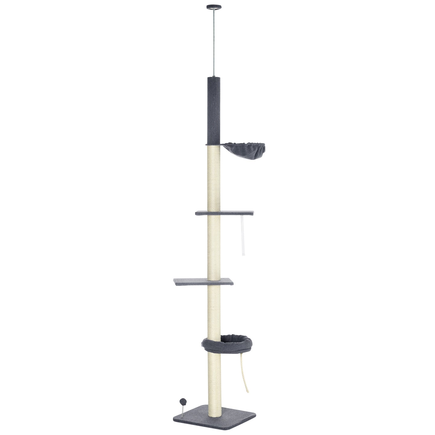 240-270cm Floor-To-Ceiling Cat Tree, 5 Tier Cat Climbing Tower, with Bed, Hammock, Platforms, Dark Grey and Cream