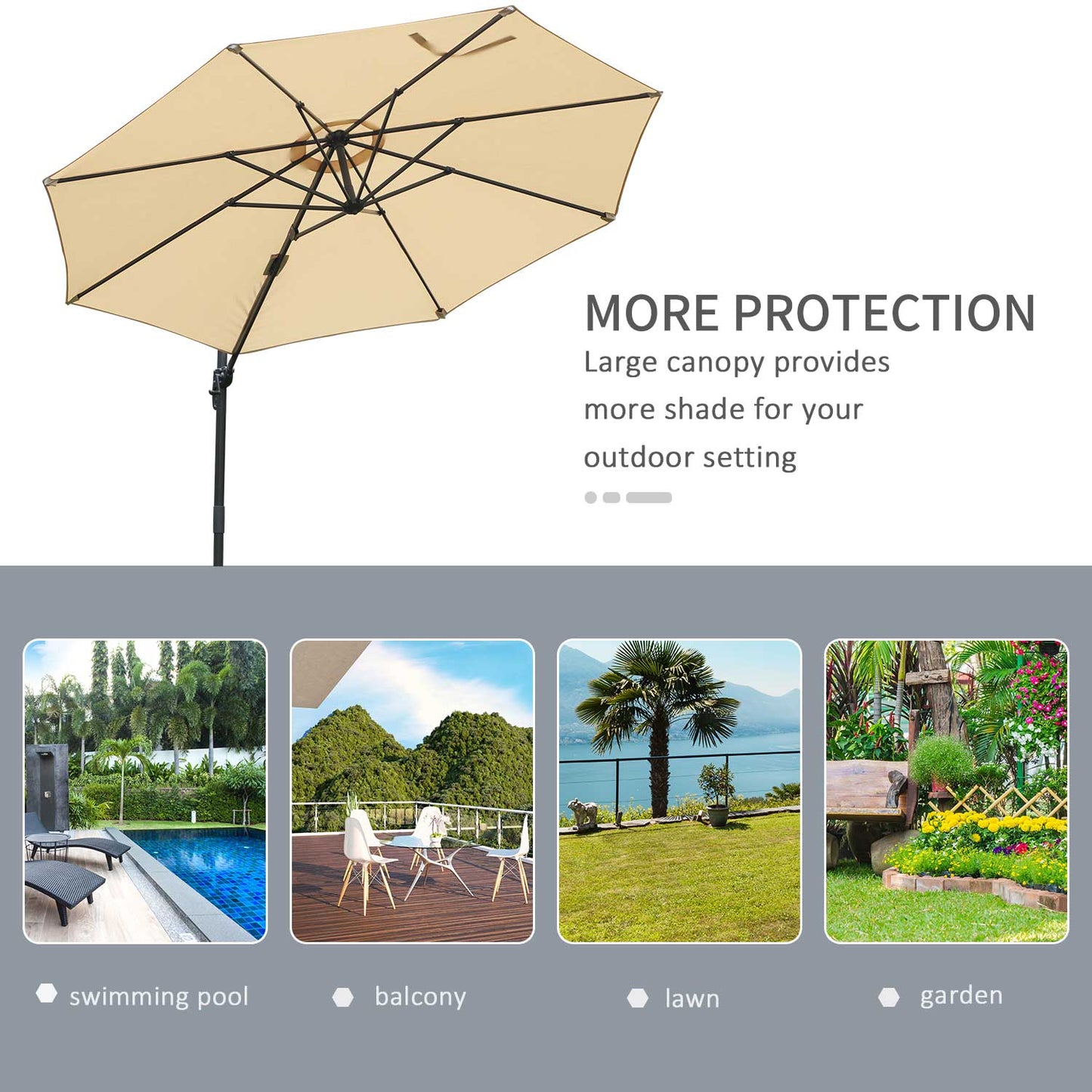 Round Umbrella Parasol with Tilt 360° Rotation and Hand Crank Cross Base - Beige