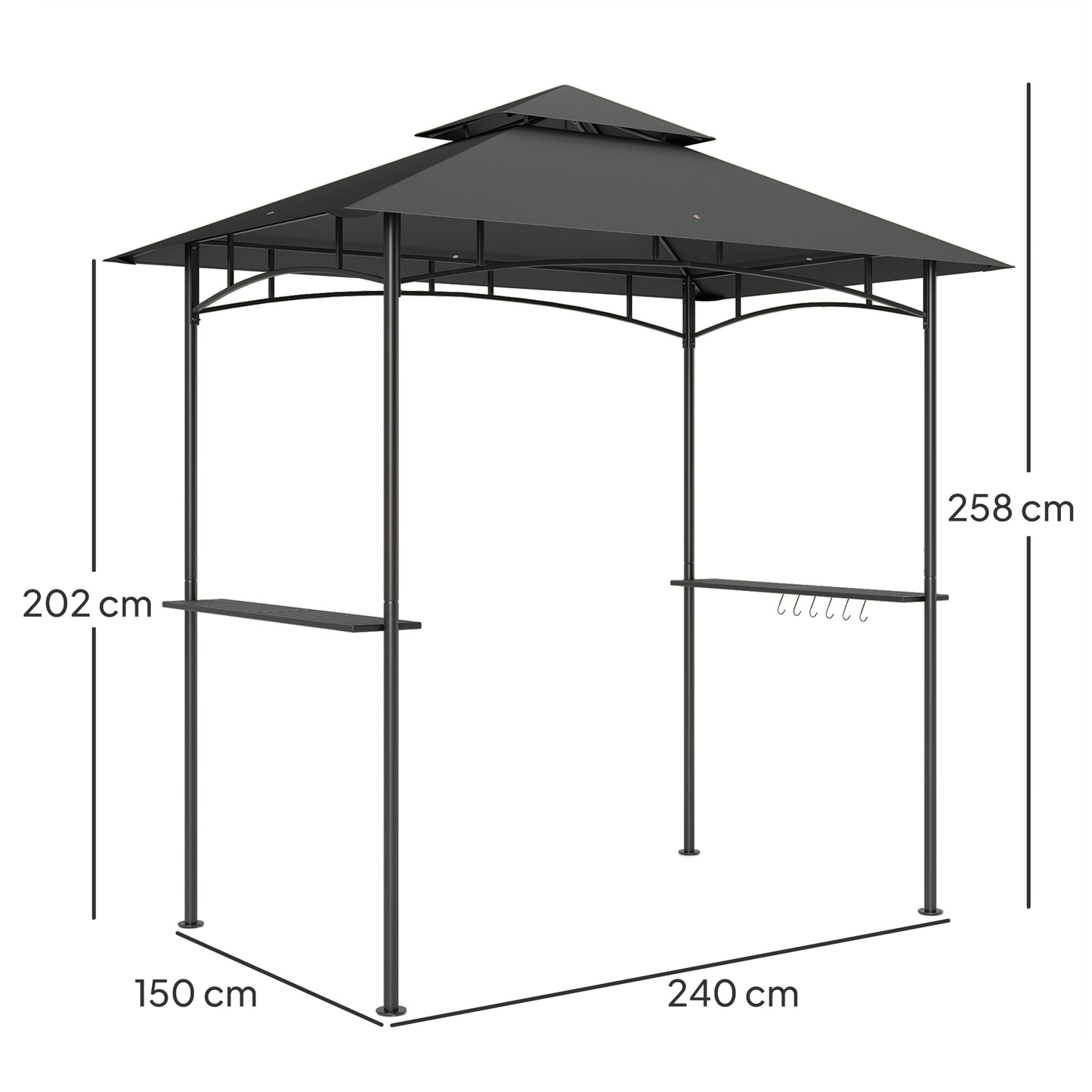 8' x 5' Grill Gazebo, Double Tiered BBQ Gazebo Shelter Canopy with LED Lights, 2 Side Shelves, Hooks, Dark Grey