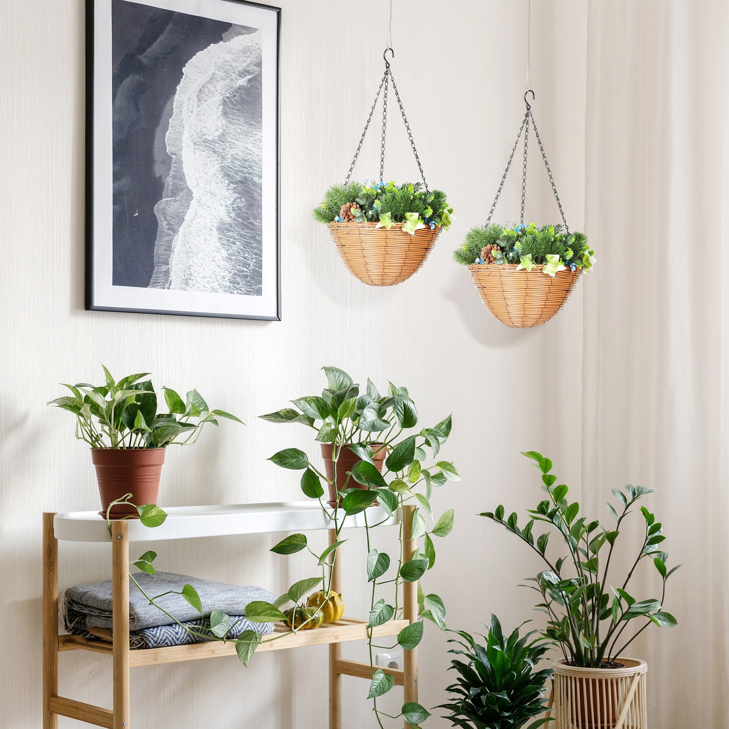 Pack of 2 Faux Plant Artificial Lisianthus Flowers, Hanging Planters with Basket, PE Leaves, 18 Flowers and 3 Pinecones