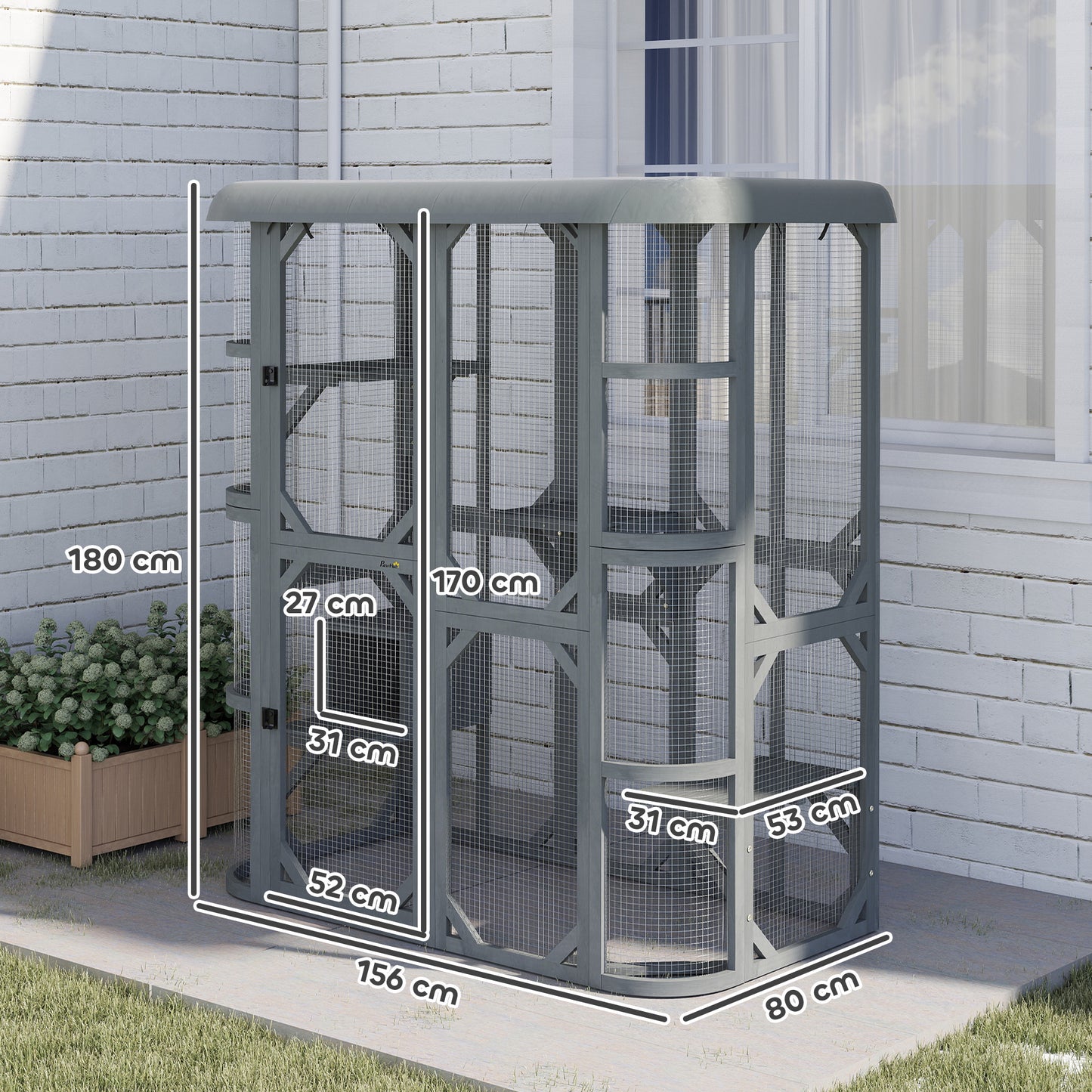 Catio Outdoor Cat Enclosure, Wooden Cat House with Platforms, Condo and Waterproof Cover for 2–3 Kittens, Grey