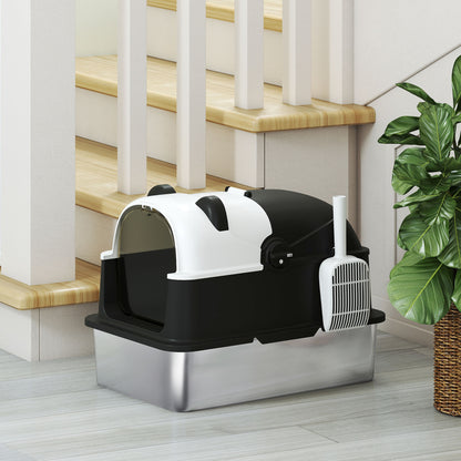 Panda Style XL Stainless Steel Cat Litter Box with Lid, Enclosed Kitty Litter Box with Scoop, 60 x 40 x 45 cm