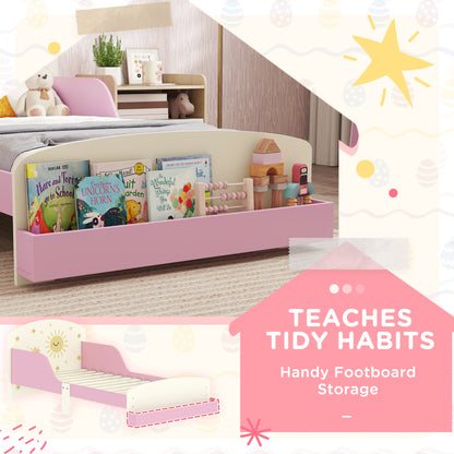 Toddler Bed with Storage, Guardrails, Sun Design, for Ages 3-8 Years, Fits 140 x 70cm Mattress