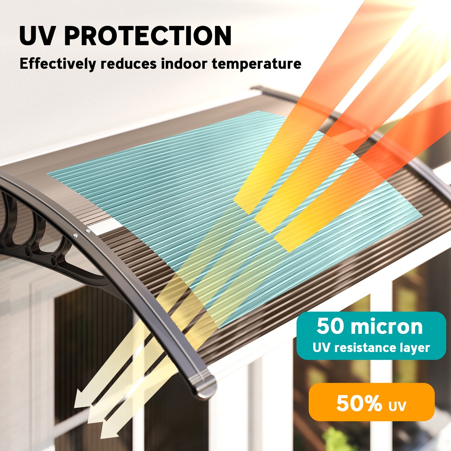 Front Door Canopy Outdoor Awning Aluminium Rigid Plastic Polycarbonate Rain Shelter UV Water Rain Resistant 100 x 75cm Brown