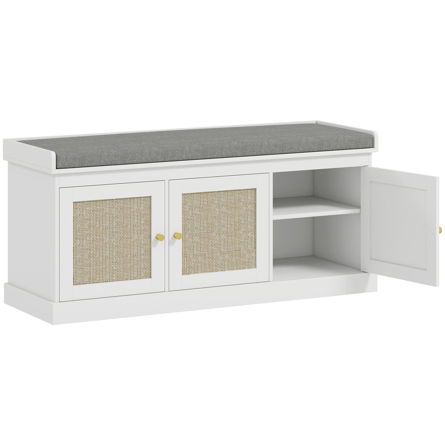 Shoe Storage Bench with Woven Rattan Doors, Seat - White