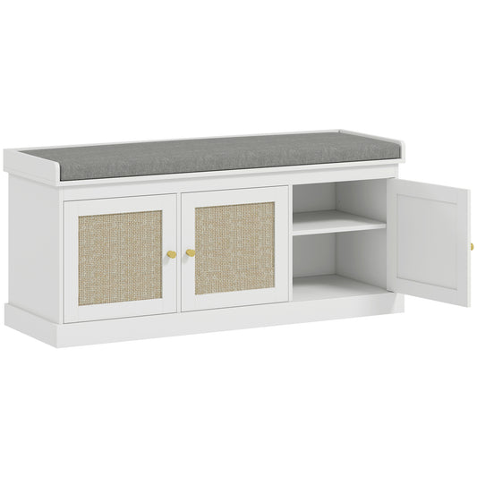 Shoe Storage Bench with Woven Rattan Doors, Seat - White