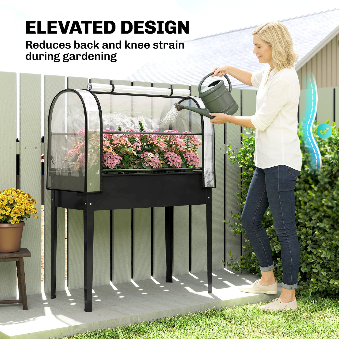 Raised Planter with Flip-Up Greenhouse Cover, Metal Raised Garden Bed on Legs with Drainage Hole, Black