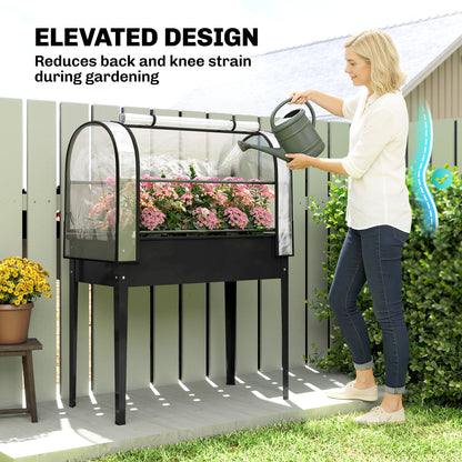 Raised Planter with Flip-Up Greenhouse Cover, Metal Raised Garden Bed on Legs with Drainage Hole, Black
