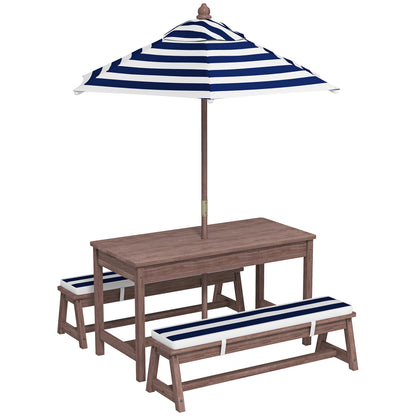 Outdoor Wooden Kids Picnic Table & Bench Set with Cushions and Umbrella, for Patio, Garden, Navy Blue