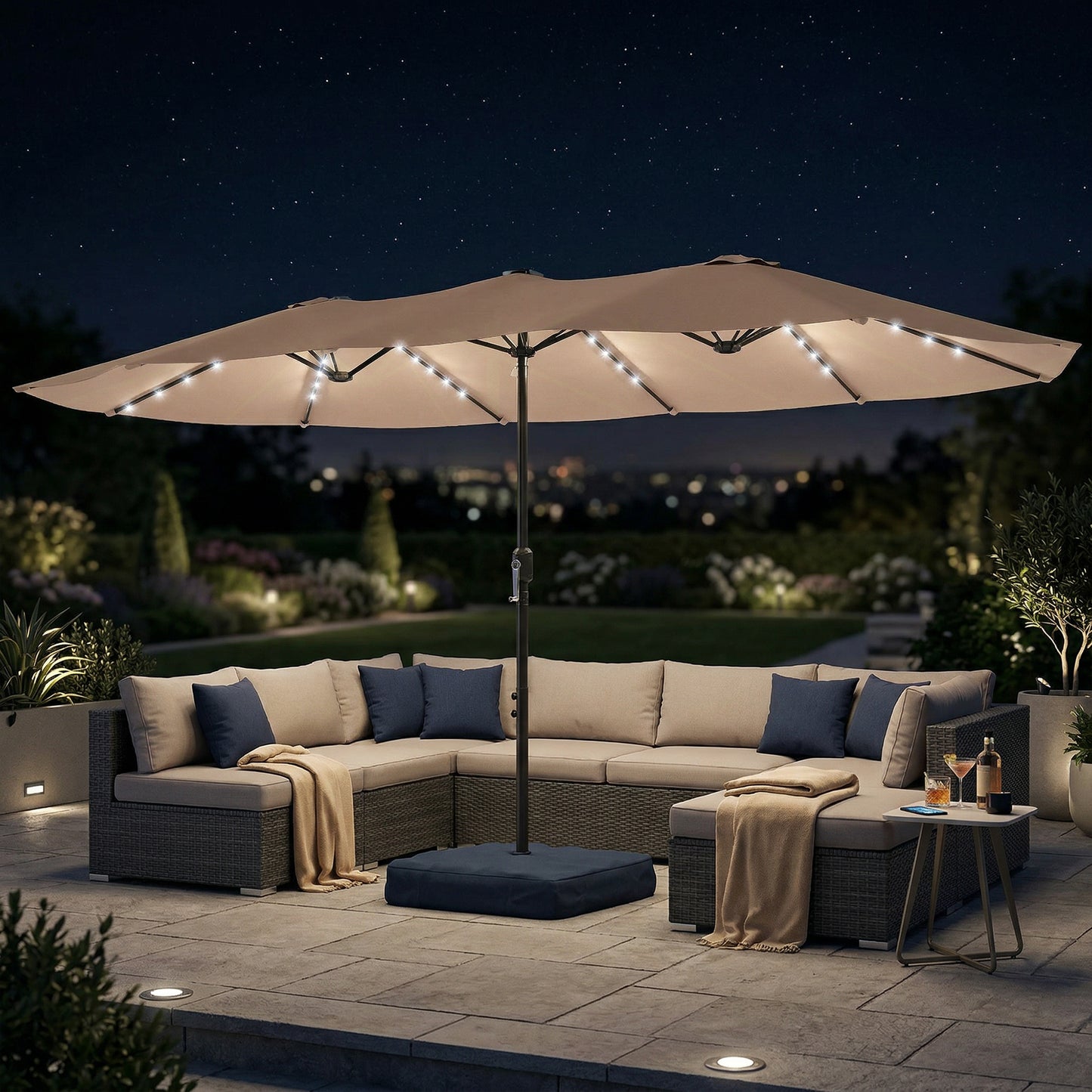 Patio Umbrella Double-Sided Outdoor Umbrella with Solar Lights Base, Khaki