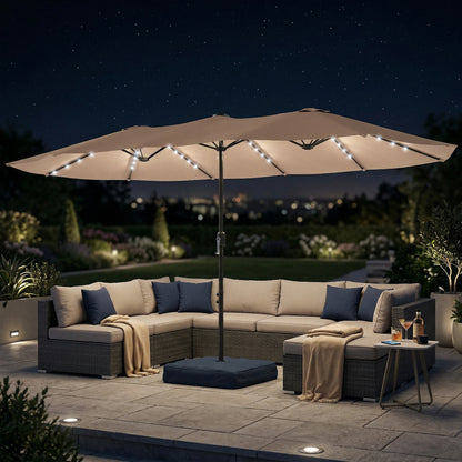 Patio Umbrella Double-Sided Outdoor Umbrella with Solar Lights Base, Khaki