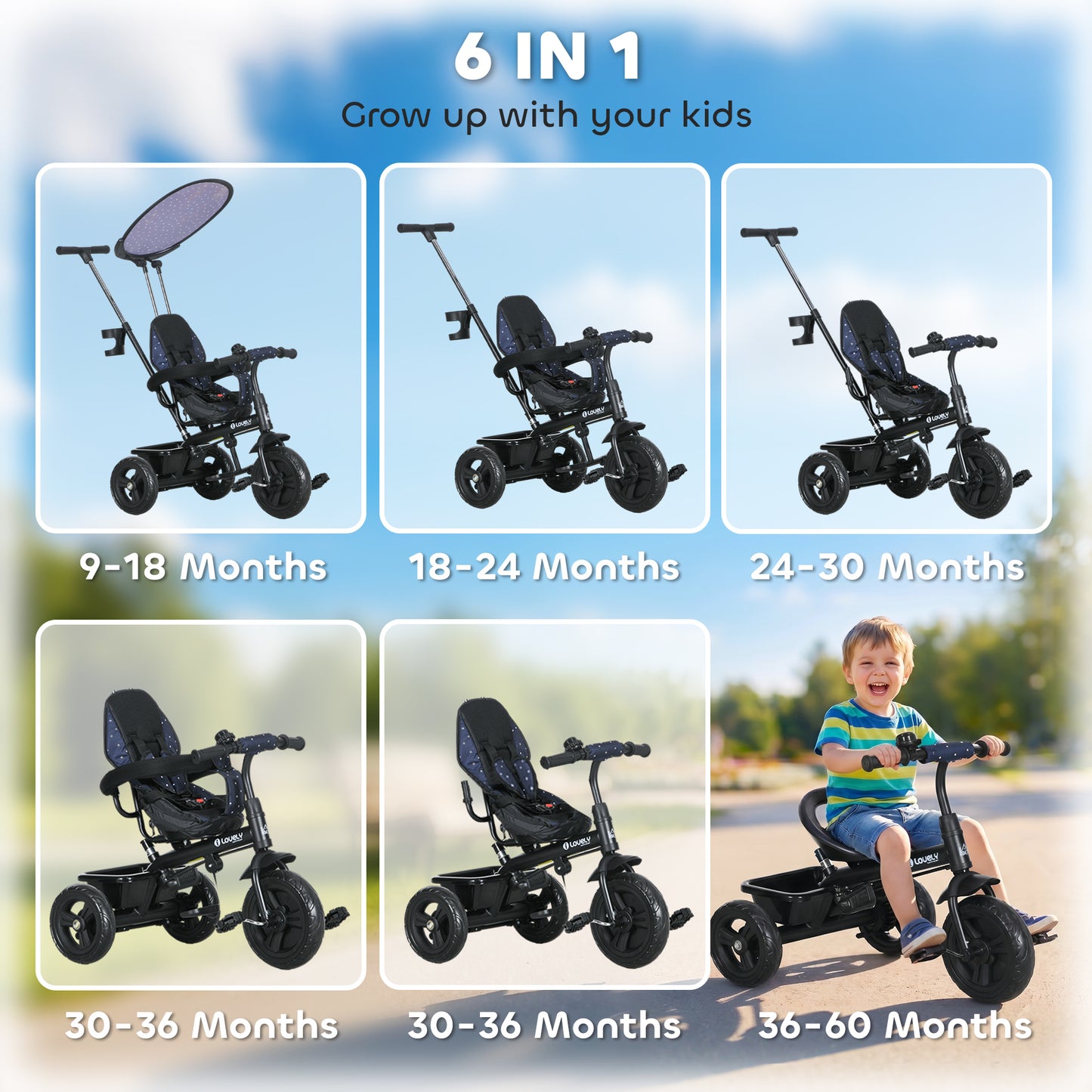 6 in 1 Tricycle for Kids with 5-point harness straps, Removable Canopy, Dark Blue