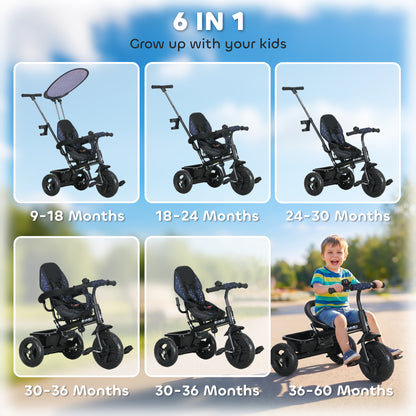 6 in 1 Tricycle for Kids with 5-point harness straps, Removable Canopy, Dark Blue
