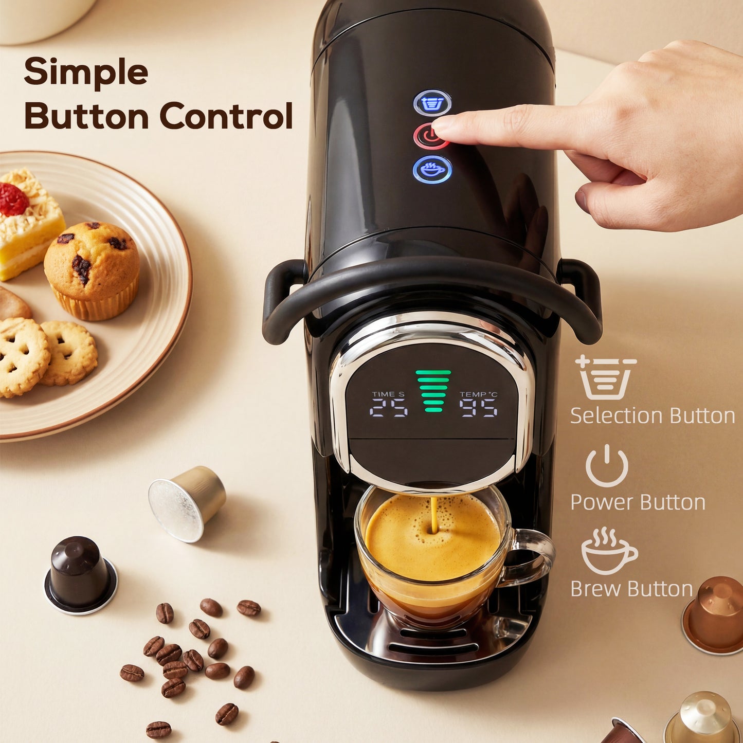 Pod Coffee Machine for Nespresso, Dolce Gusto Capsule & Ground Coffee, Small Semi Automatic Coffee Maker, 19 Bar, 0.6L
