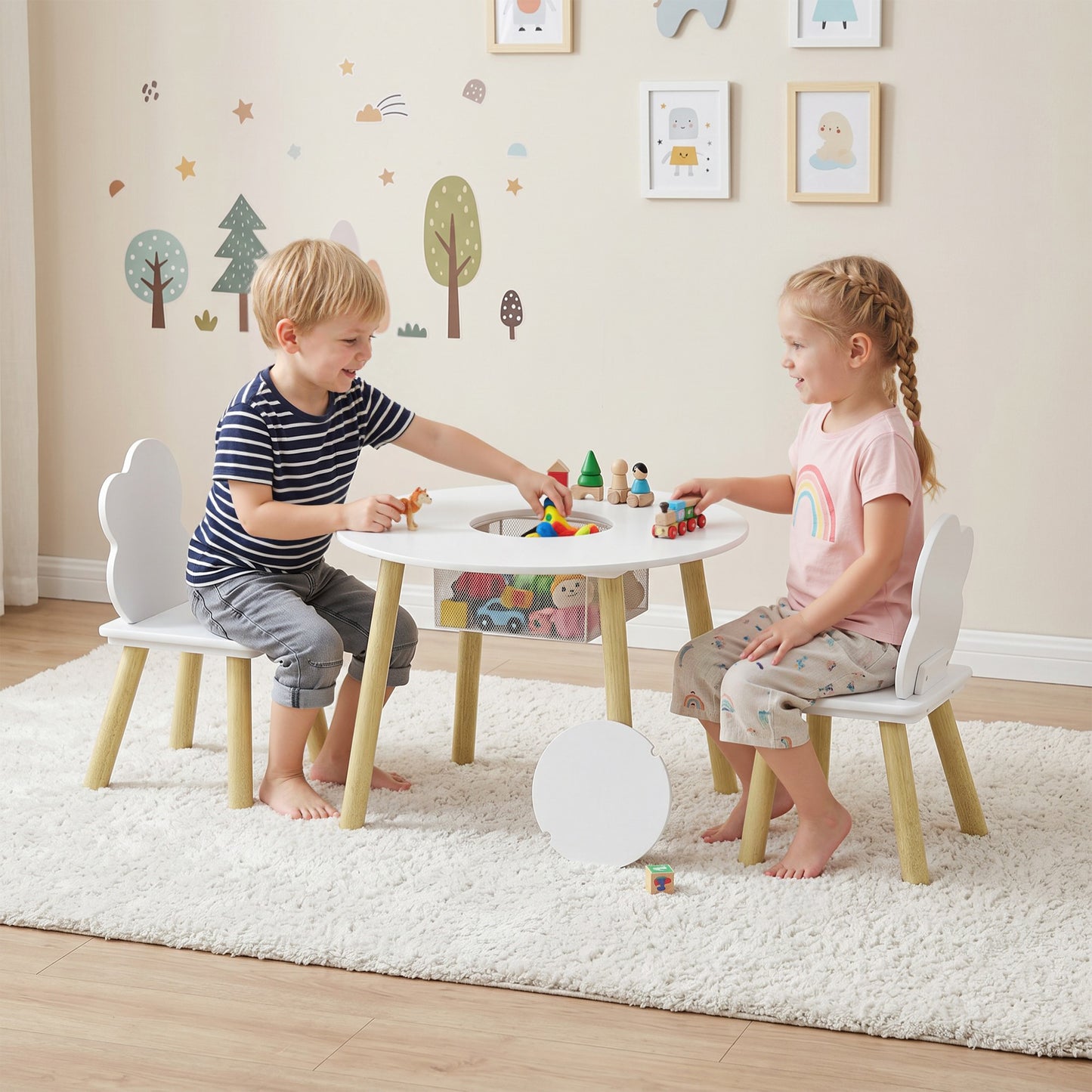 Kids Table and Chairs Set with Storage Bag Toddler Table and Chairs Set 3 Piece for Playroom White
