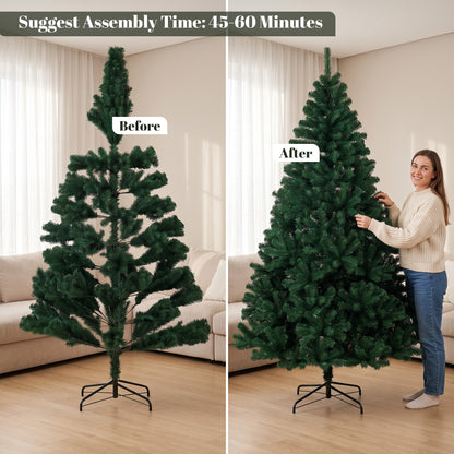 7ft Artificial Christmas Tree, Fir Hinged Xmas Tree with 1100 Branch Tips, Foldable Steel Stand, Green