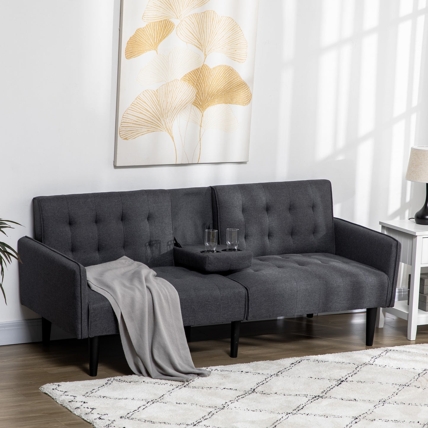Three-Seater Sofa Bed, with Cupholders - Grey