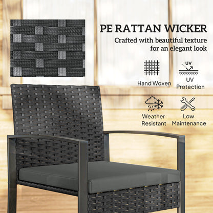Rattan Bistro Set, 3 Piece Garden Furniture Set with Glass Top Table and Cushions, Dark Grey
