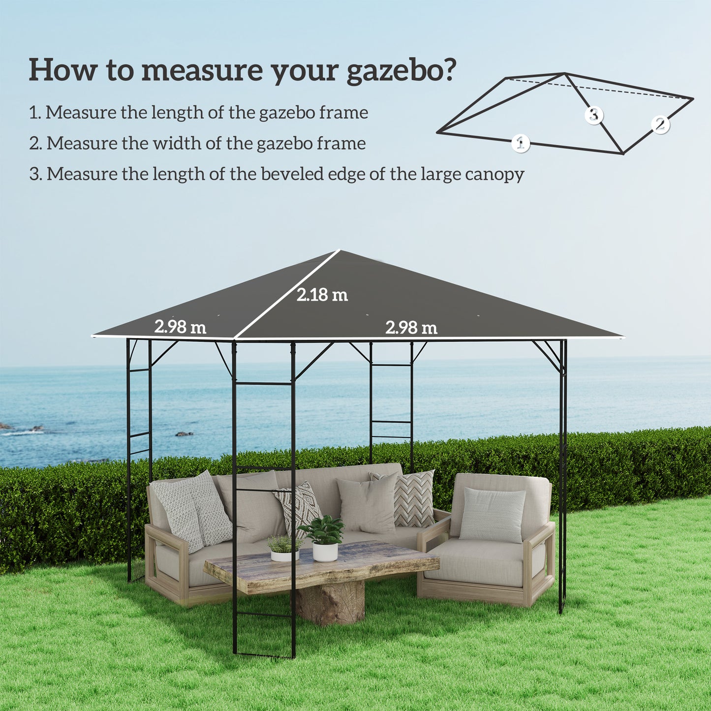 3 x 3(m) Gazebo Canopy Replacement Cover, Garden Gazebo Roof Replacement with Drain Holes, Water Resistant PVC Coating