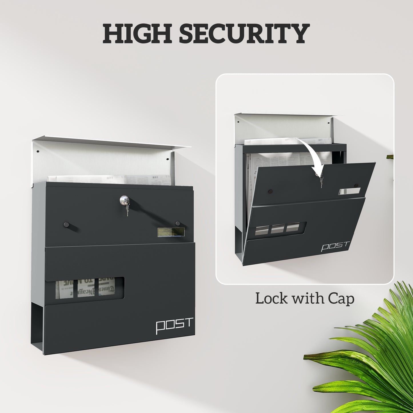 Locking Galvanised Steel Letterbox - Charcoal Grey/Black