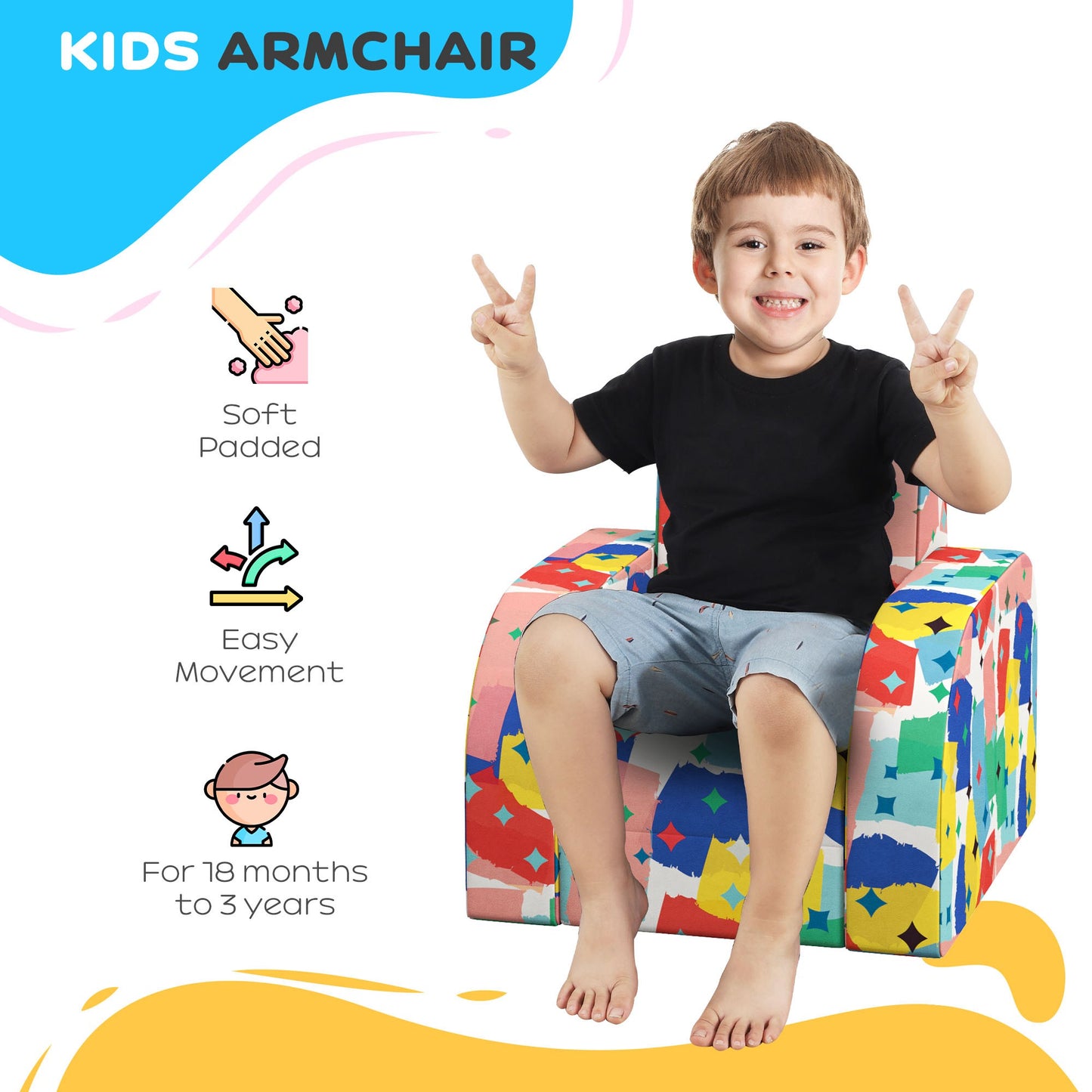 Foldable Toddler Chair Soft Snuggle Sponge Filled for Bedroom Playroom, Aged 18 Months to 3 Years - Multicoloured