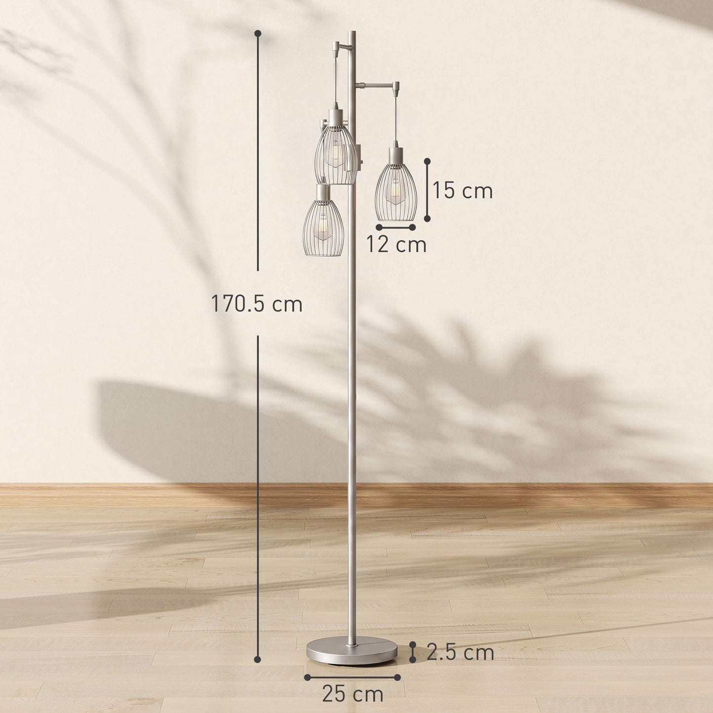170.5cm Industrial Dimmable Standing Lamp, 3-Light Floor Lamp with Steel Wire Cage Lampshades, Silver Tone