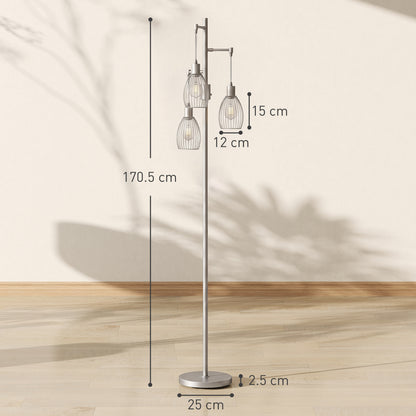 170.5cm Industrial Dimmable Standing Lamp, 3-Light Floor Lamp with Steel Wire Cage Lampshades, Silver Tone