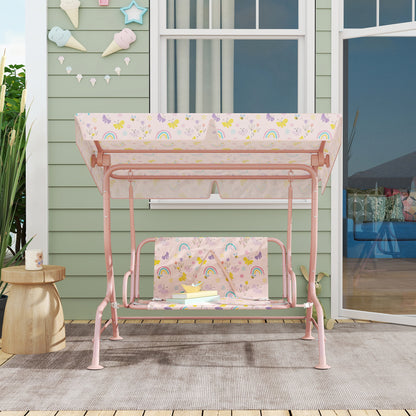 Kids Garden Swing Chair with Adjustable Canopy, Safety Belt, 2 Seater Hammock Swing Bench for Patio, Porch, Pink