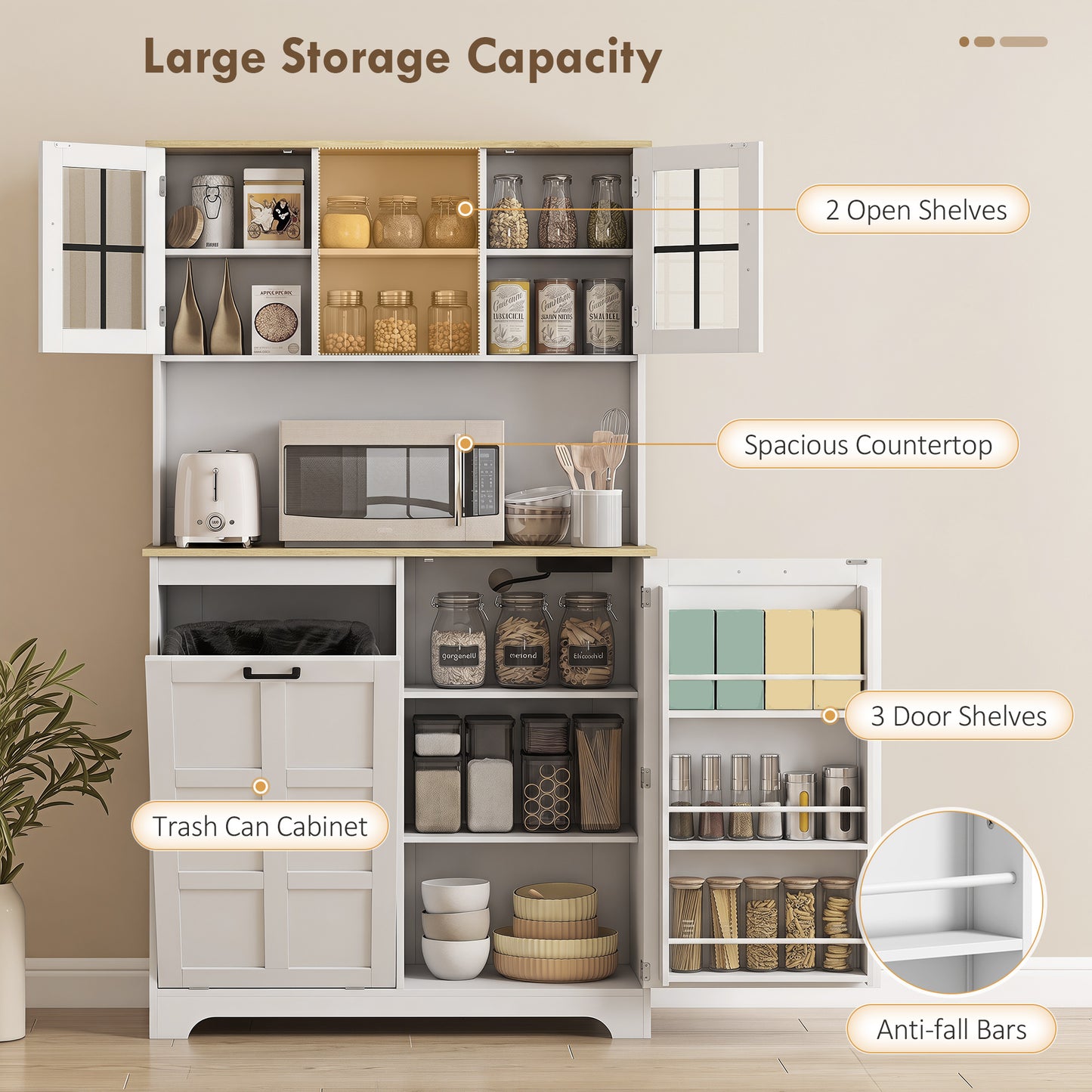 175cm Tall Kitchen Cabinet, Kitchen Cupboard with Rubbish Bin Cabinet, 3 Door Shelves and 2 Acrylic Doors, White