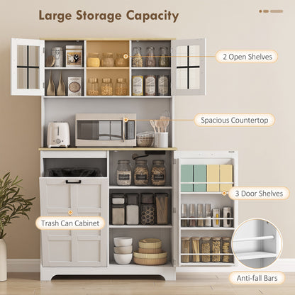 175cm Tall Kitchen Cabinet, Kitchen Cupboard with Rubbish Bin Cabinet, 3 Door Shelves and 2 Acrylic Doors, White