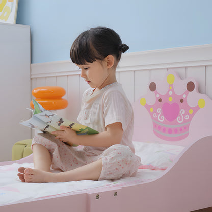 Kids Toddler Bed Princess Crown Theme Safety Side Rails Slats Home Bedroom Furniture Boys Girls 3-6 Years Pink 143 x 73 x 60