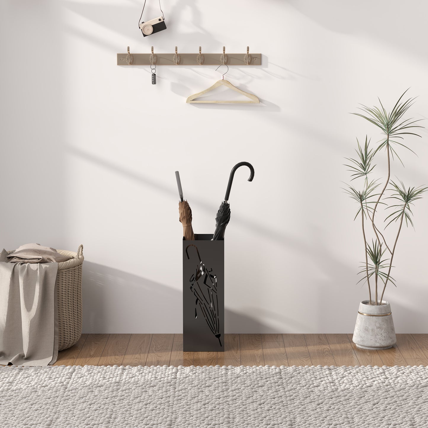 Metal Umbrella Stand, Square Umbrella Holder with 4 Hooks and Removable Drip Tray