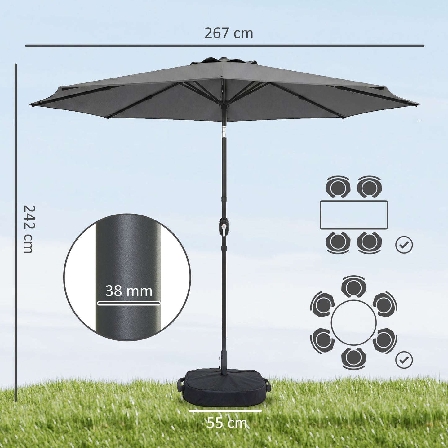 2.7 m Garden Parasol Umbrella with Cross Base and Sandbag, Retractable Ribs, Outdoor Table Market Umbrella, Light Grey