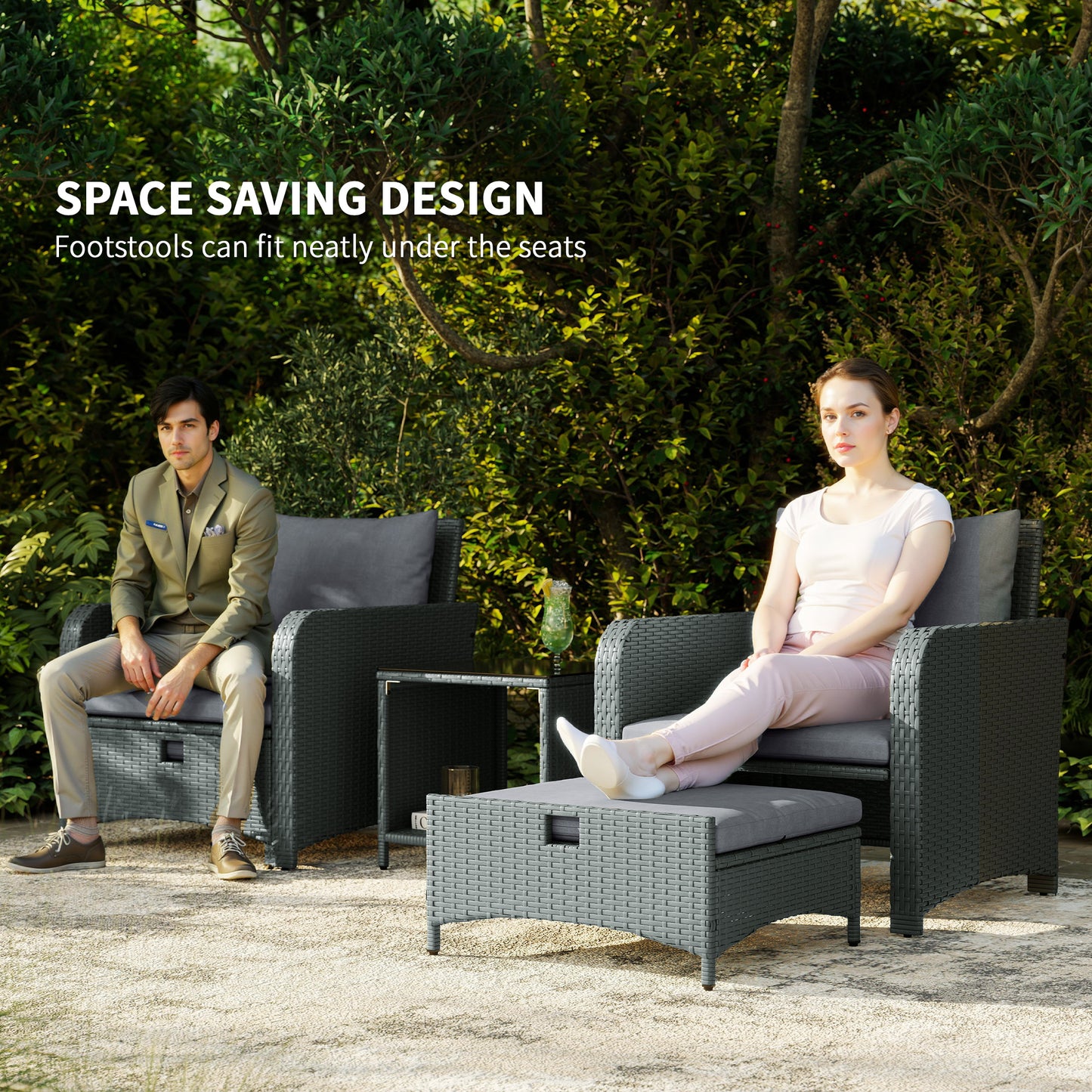 Five Piece Rattan Garden Furniture Set with 2-Tier Coffee Table and Ottomans - Grey