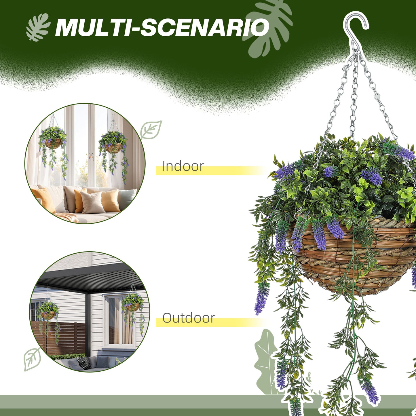 Set of 2 Decorative Artificial Plants, Faux Silk Lavender Flowers in Hanging Baskets