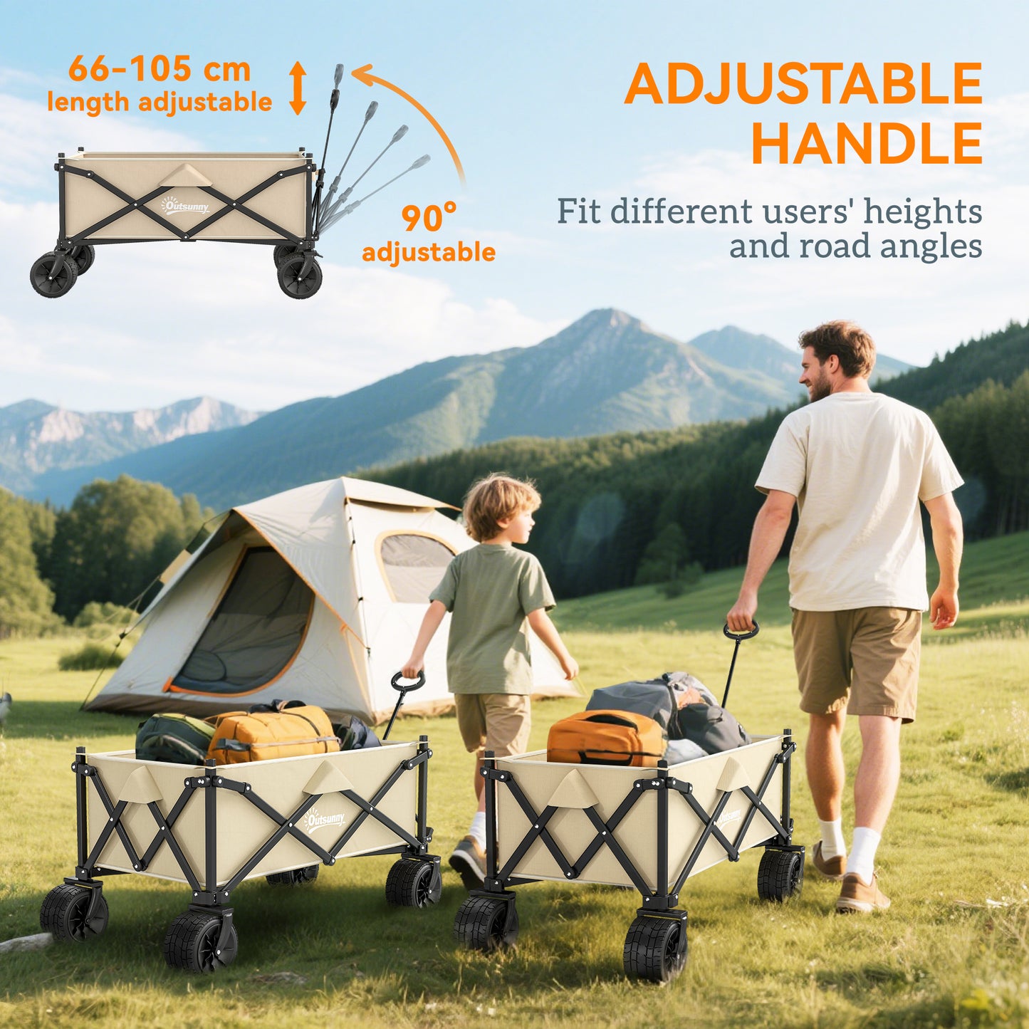 Folding Garden Trolley, Outdoor Wagon Cart with Carry Bag, for Beach, Camping, Festival, 120KG Capacity, Khaki