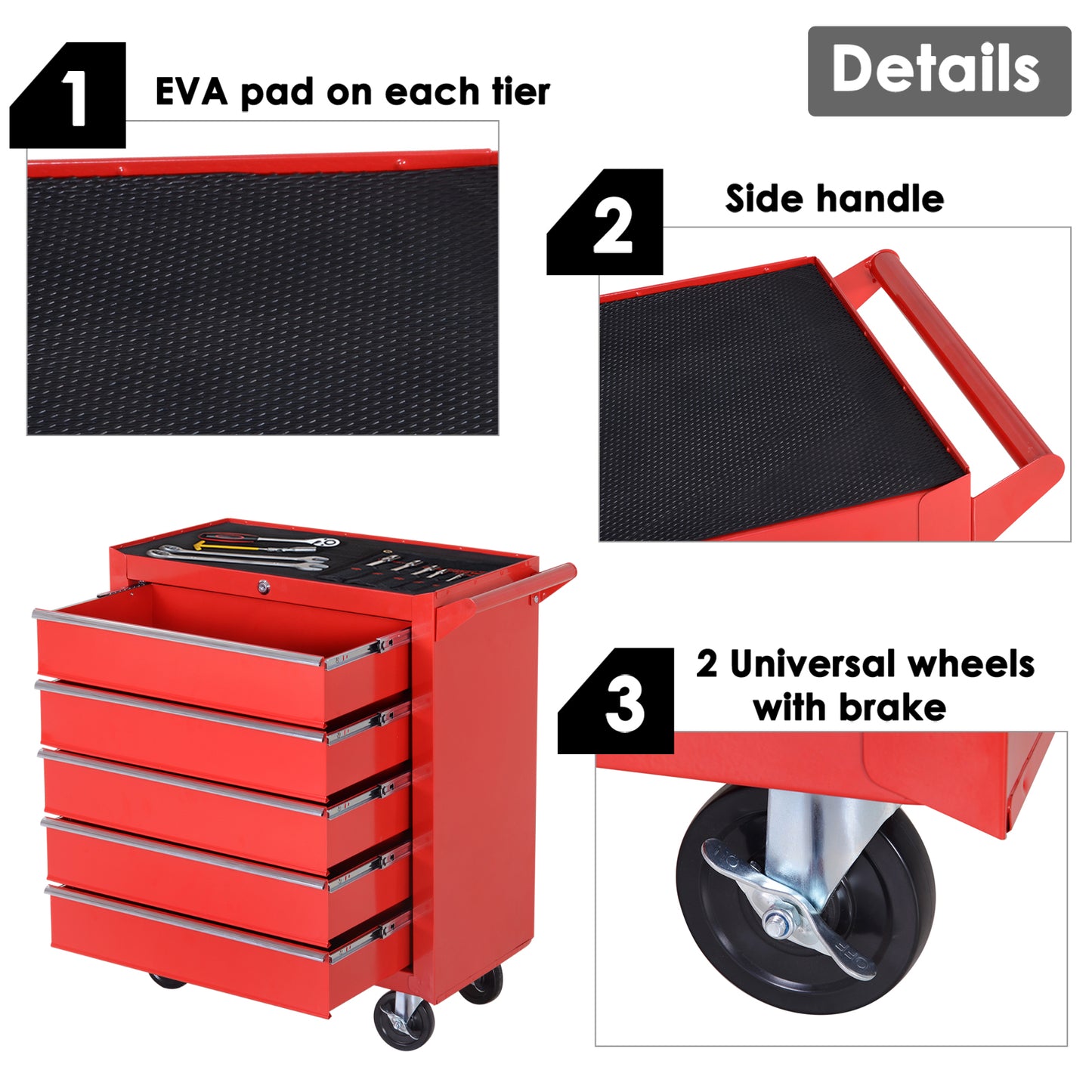 5-Drawer Lockable Tool Storage Cabinet with Wheels, Handle, 2 Keys, Steel Home Work DIY Workshop Chest