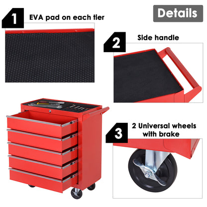 5-Drawer Lockable Tool Storage Cabinet with Wheels, Handle, 2 Keys, Steel Home Work DIY Workshop Chest