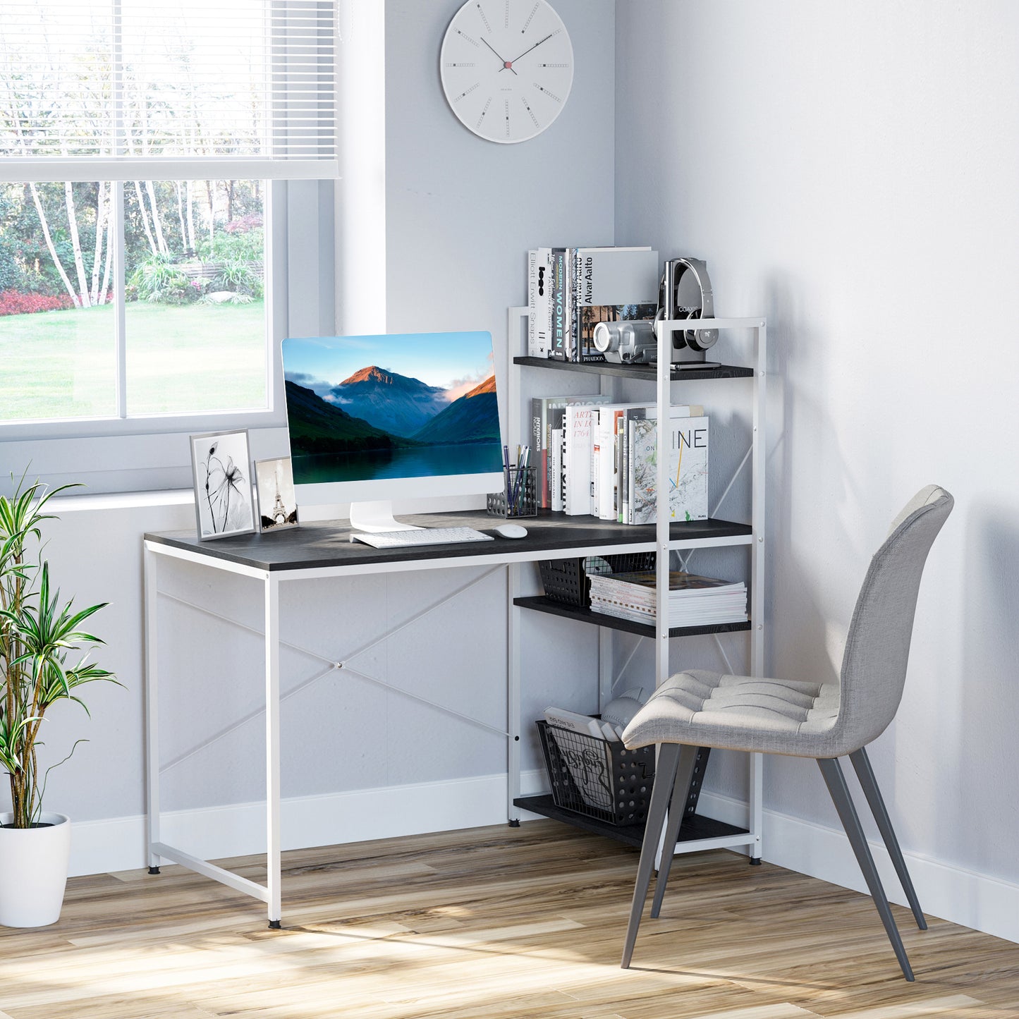 Computer Desk with Storage Shelves on Left or Right, Industrial Reversible Writing Desk for Home Office, Study